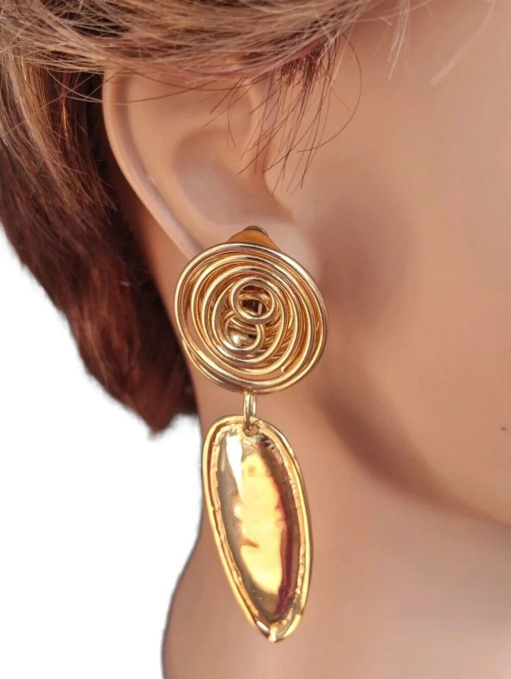 Vintage Gold Tone Wire Swirl Swag Dangle Clip On Earrings Statement MCM